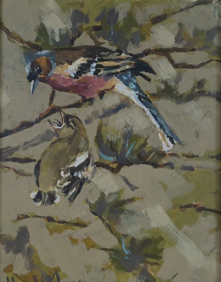 20th century, oil on board, Study of two birds on a branch, signed Edouard E R..?, 24 x 18cm. Condition - good